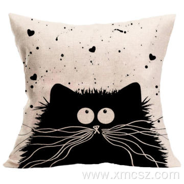 Black and white cat linen cushion cover